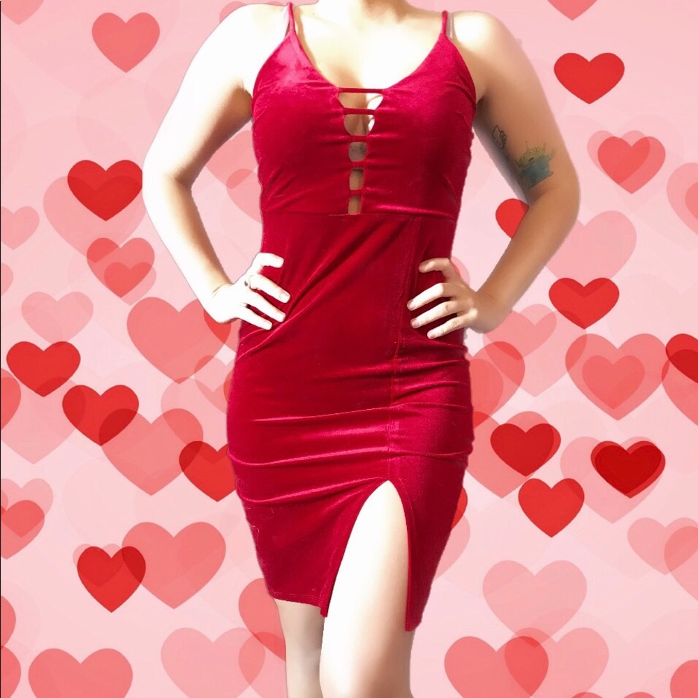 Red velvet body con cutout valentines dress